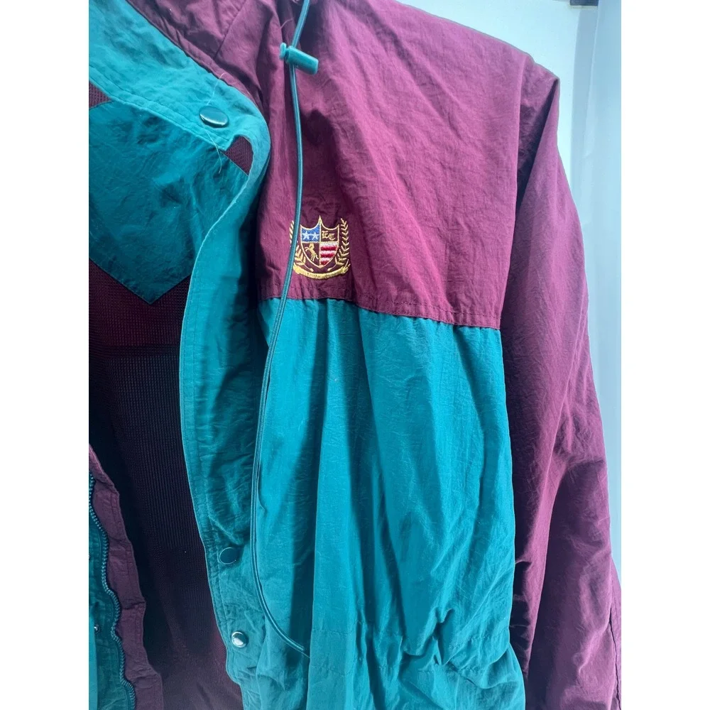 Vintage‎ Colorblock Windbreaker Jacket Burgundy Teal Embroidered Crest Nylon